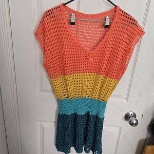 Women’s Multicolor Crochet Swim Coverup - Orange, Yellow, Teal, Navy
